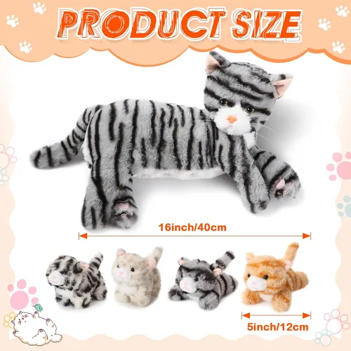 Vista 2 de Skylety Animal de peluche Nurturing con 4 gatitos de peluche, gatos de peluche para niñas y niños, mamá gatita de peluche con gatitos para regalos