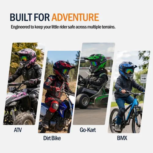 Vista 5 de Casco para niños y jóvenes para bicicleta de tierra, motocross, todoterreno, motocicleta, ATV, UTV, bicicleta de calle, Combo de guantes, gafas