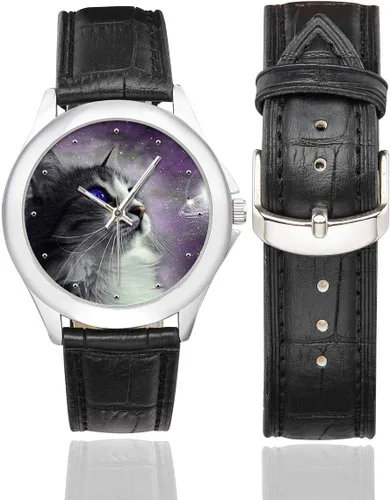 Vista 2 de InterestPrint Funny Cat - Reloj clásico de acero inoxidable con correa de cuero para mujer, color negro