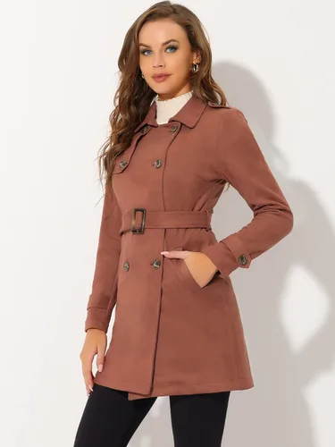 Vista 3 de Allegra K Gabardina de gamuza sintética para mujer, solapa con muesca, doble botonadura con cinturón