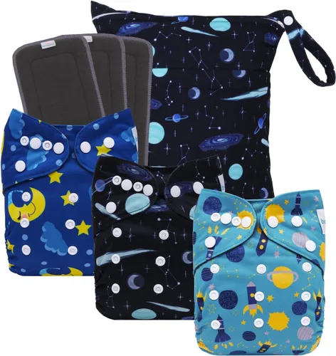 Vista 15 de babygoal AWJ Pañales de tela con panel abdominal, paquete de 13, 6 fundas de pañal con 6 insertos y bolsa seca para humedad, ajustables, lavables