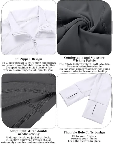 Vista 4 de Neer Paquete de 2 chaquetas de manga larga para mujer, con cremallera de 12, ombligueras de yoga, ajustadas, para correr, con agujeros para el pulgar