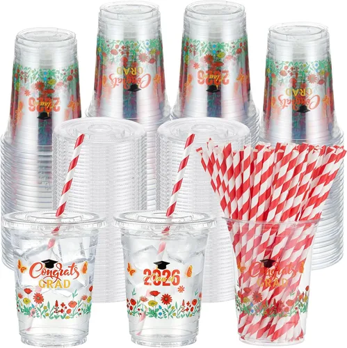 Vista 9 de Sliner 50 juegos de vasos de plástico a cuadros de 16 onzas con tapas y pajitas de papel, vasos desechables transparentes para fiesta de autos