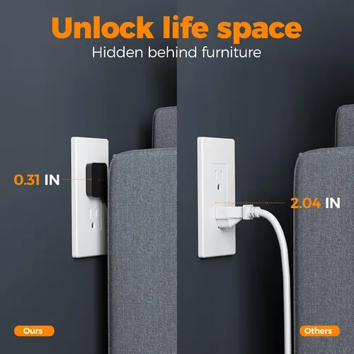 Vista 5 de TESSAN - Cable de extensión plano ultradelgado de 5 pies, color negro Slim Power Strip with USB Ports (1 USB C), Surge Protector, Flat Plug Wall