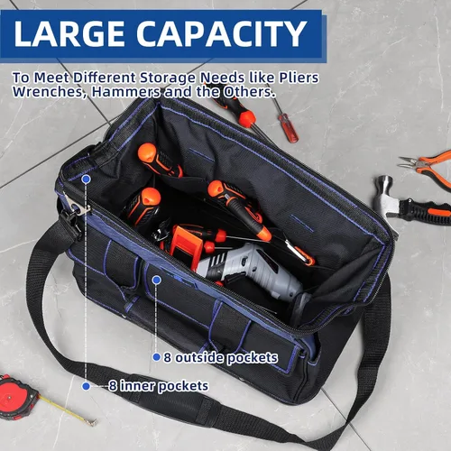 Vista 4 de Bolsa de herramientas de 16 pulgadas, organizador de herramientas multibolsillos con base de plástico impermeable, maletín resistente con correa