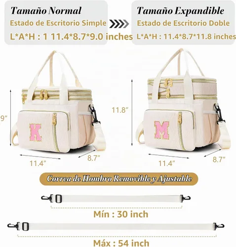 Vista 6 de Lonchera personalizada con inicial para mujer, bolsa de almuerzo grande con aislamiento térmico expandible de doble cubierta con correa
