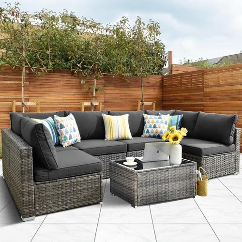 Vista 28 de HOOOWOOO Juego de sofá modular para patio al aire libre, 7 piezas en forma de U, juego de sofá de mimbre rústico para 6 personas, juego de Beige