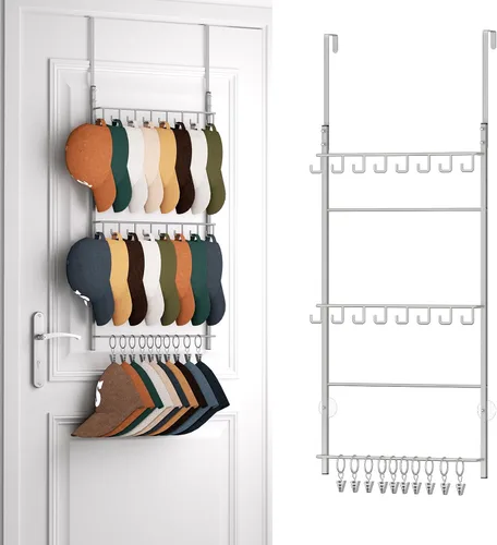 Vista 14 de HapiRm Perchero para Puerta - Organizador de Sombreros de 3 Niveles Montado en la Pared con 16 Ganchos y 10 Clips Móviles, Organizador de Sombreros