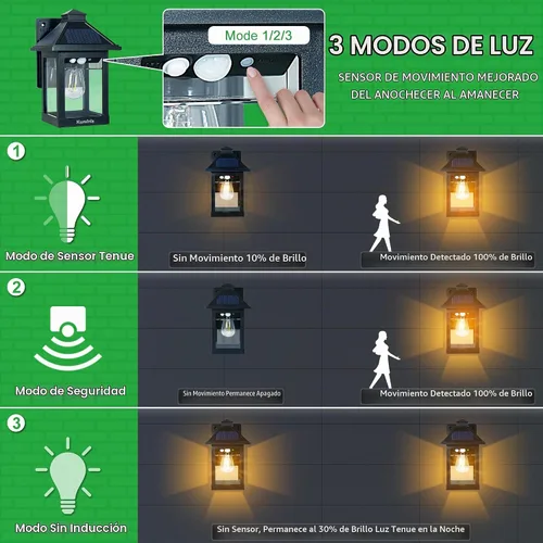 Vista 3 de Lámpara solar de pared para exteriores con 3 modos de iluminación, lámpara LED de montaje de pared del atardecer al amanecer, sensor de movimiento