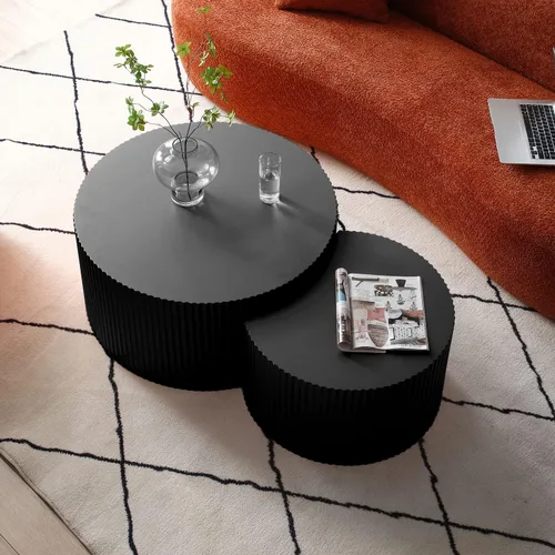 Vista 3 de Juego de 2 mesas de centro redondas negras de 55.12 pulgadas, mesa lateral moderna para sala de estar, diseño contemporáneo de círculo de madera