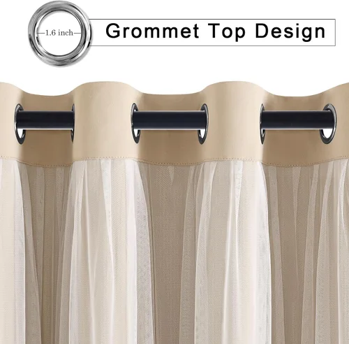 Vista 2 de Hiasan Cortinas opacas con superposición transparente, aislamiento térmico para mezclar y combinar de doble capa, cortinas de oscurecimiento de Beige