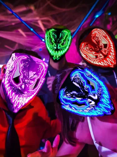 Vista 3 de Fokiabin Máscara de Halloween de Purga LED para festival, disfraz de cosplay, fiesta de miedo, máscara de neón brillante para adultos, niños