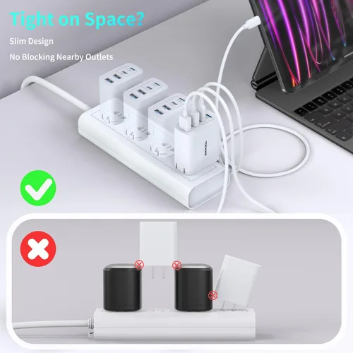 Vista 4 de Bloque de cargador USB C de 45 W, paquete de 2 cargadores de pared plegables, cargador de 3 puertos tipo C, bloque de carga rápida multipuerto