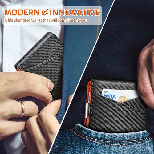 Vista 6 de GSOIAX Billeteras para hombre con bloqueo RFID, delgadas y plegables para hombre, minimalista, cuero auténtico, fibra de carbono, clip para dinero