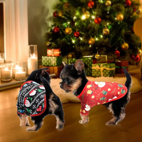 Vista 5 de HYLYUN Paquete de 2 camisetas de Navidad para perros pequeños, ropa para Rojo + negro