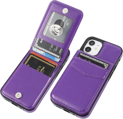 Vista 10 de KIHUWEY - Funda tipo cartera para iPhone 12 Mini, soporte para tarjetas, color negro Ranuras para tarjetas de crédito, piel sintética, cierre