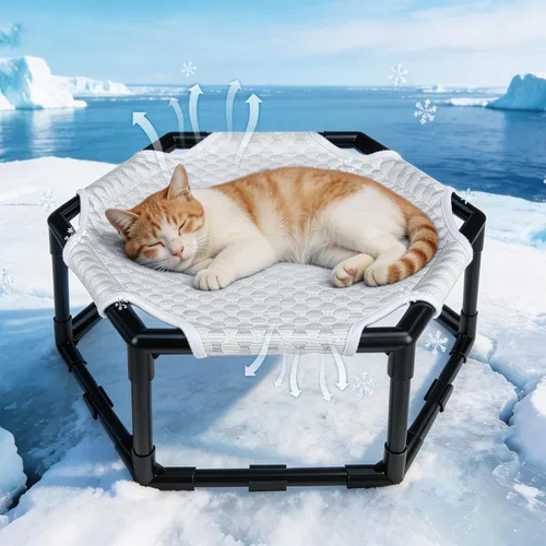 Vista 10 de Cama hamaca elevada para gatos, cuna hexagonal elevada para gatos con tela transpirable de gorro de hielo y bloque antideslizante, alfombrilla