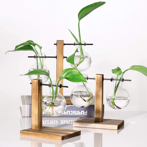 Vista 2 de Kingbuy Florero de Bulbo de Vidrio Macetero Terrario de Plantas de Escritorio con Soporte Retro de Madera Sólida para Propagación Hidropónica