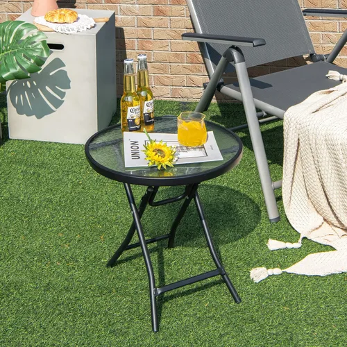 Vista 2 de GIANTEX Mesa auxiliar redonda plegable, mesa de patio con mesa de vidrio Semitransparente + Negro