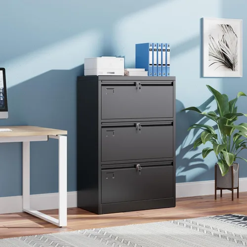 Vista 2 de SUXXAN Archivador de 3 cajones, archivador lateral con 3 cerraduras para oficina en casa, archivadores negros con soporte para tarjetas de visita