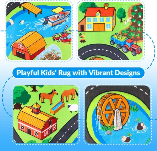 Vista 4 de Alfombra de carretera para niños de 3 x 5 pies, alfombra de juego de coche de ciudad costera para autos de juguete, alfombra educativa de mapa