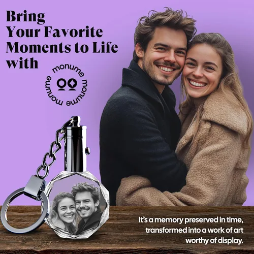 Vista 2 de Monume Llavero de fotos de cristal 2D - Llavero grabado con láser personalizado - Foto de cristal personalizada