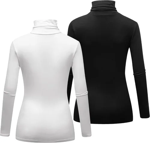 Vista 3 de Formeet17 Paquete de 2 camisetas de manga larga con cuello alto para mujer, básicas, elásticas, cómodas, de cuello alto
