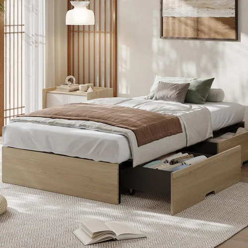 Vista 16 de GarveeHome - Marco de cama con plataforma de madera, marco de cama individual sin cabecero Marco de cama de suelo, diseño de perfil bajo, soporte