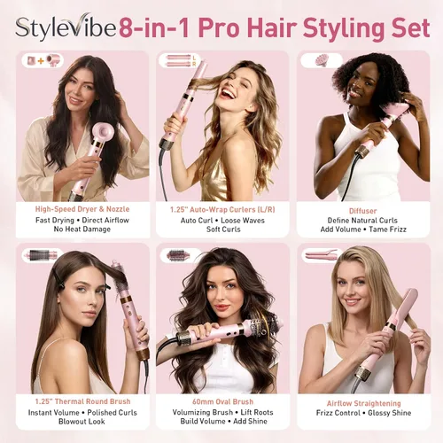 Vista 5 de Mythsight Dual Voltage StyleVibe 8-en-1 Secadora de pelo y cepillo secador de pelo con estuche de viaje - Rulos de envoltura automática (L/R)