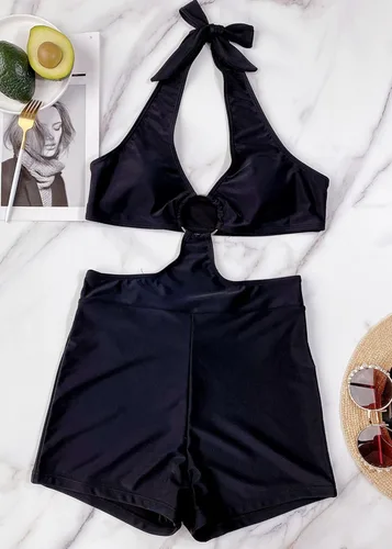 Vista 4 de Hilinker Traje de baño de una pieza con cuello halter para mujer, traje de baño con corte tropical