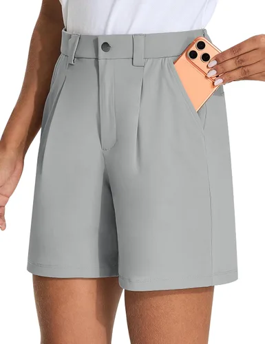 Vista 9 de KPSUN Bermudas de golf de 5 pulgadas para mujer, elásticas, ligeras, con bolsillos, cierre de botón, para trabajo casual de verano
