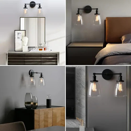 Vista 3 de Phansthy Apliques de pared industriales retro de 2 luces, lámpara de tocador de baño, lámpara de pared con doble pantalla de vidrio transparente