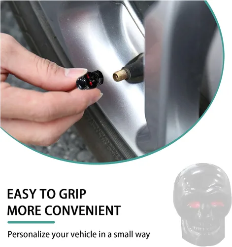 Vista 4 de Dickno 5 tapas de vástago de válvula de neumático estilo calavera con anillo de goma, cubierta de tapones de aire de auto con ojos rojos, tapas