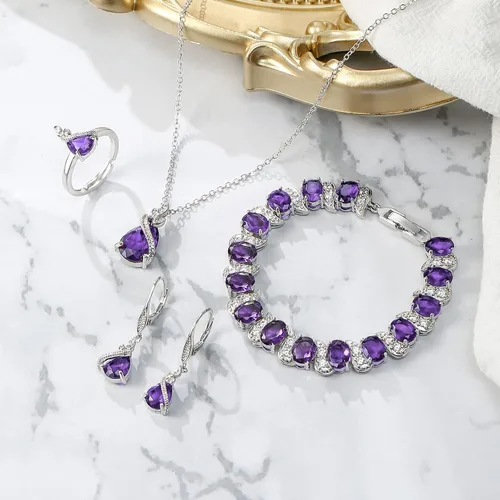 Vista 4 de BriLove Juego de joyas para novia, gota de agua con gas de circonita cúbica, collar con colgante de cristal, aretes de palanca y pulsera de tenis