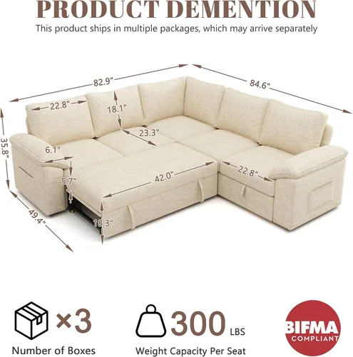Vista 3 de Sofá modular de 85 pulgadas con cama extraíble, sofá modular de 5 asientos en forma de L con almacenamiento, sofás seccionales para sala de estar