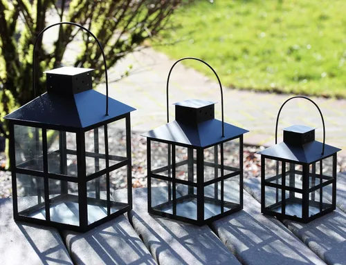 Vista 2 de Juego de 3 faroles decorativos cuadrados para velas, estilo carruaje (negro)