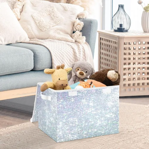 Vista 5 de Ollabaky Contenedor de almacenamiento plegable más grande con purpurina brillante, caja de almacenamiento decorativa de tela, organizador de cubos