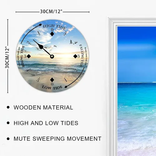 Vista 2 de Reloj de marea de madera, playa, pájaros, costa este, océano, reloj de marea de madera con marea alta y baja, reloj vintage de movimiento de marea