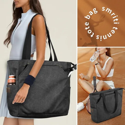 Vista 6 de SMRITI Tennis Tote Bag Canvas, Large Sports Handbag Tennis Racket Bag for Women, Portable Tennis Racquet Shoulder Bag for Badminton, Pickleball