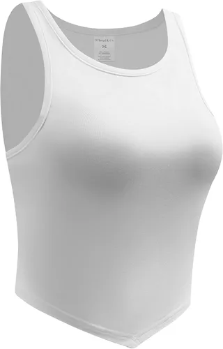 Vista 3 de OThread & Co. Camiseta corta sin mangas con cuello redondo para mujer, dobladillo asimétrico, básica, cómoda, elástica