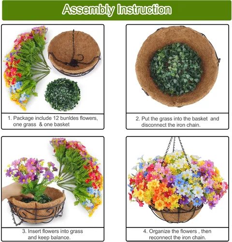 Vista 7 de Flores artificiales colgantes al aire libre con canasta, colgador de plantas, 12 piezas de flores falsas, resistentes a los rayos UV, gypsophila