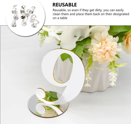 Vista 5 de NUOBESTY 10 piezas de acrílico para números de mesa, elegantes tarjetas de números de asiento de boda, reutilizables, decoración de mesa