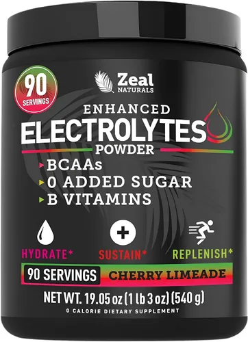 Vista 9 de Zeal Naturals Bebida de recuperación de electrolitos en polvo (90 porciones Cereza negra) con 0 azúcar+BCAA +Vitaminas B Suplemento