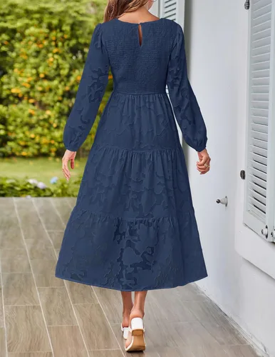 Vista 4 de MEROKEETY Vestido fruncido de manga larga para mujer 2023 con cuello redondo y textura floral, vestidos midi escalonados