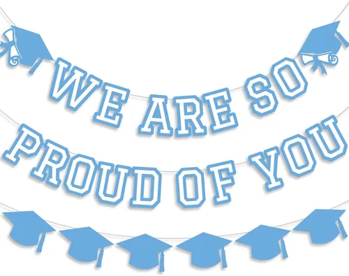 Vista 21 de Letrero con texto en inglés «We Are So Proud Of You», decoración de fiesta de graduación, guirnalda de tapa de felicitaciones, letrero de pared, Azul
