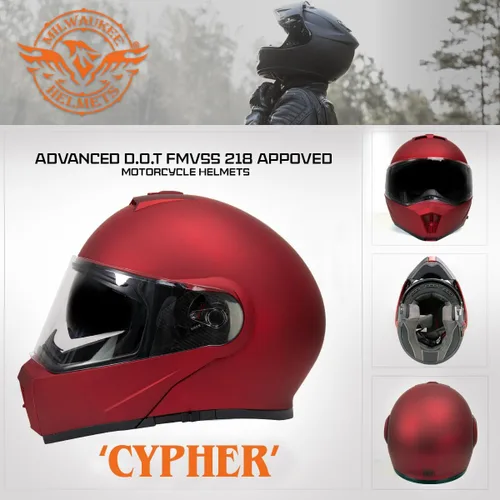 Vista 7 de Milwaukee Helmets MPH9827DOT Cypher - Casco modular de motocicleta avanzado rojo plano con visera abatible, pequeño