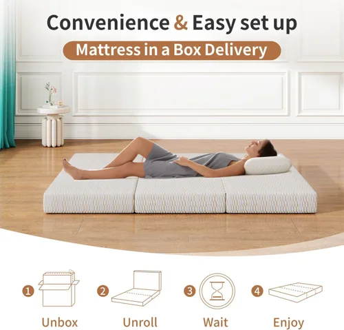 Vista 7 de Vipbear Colchón plegable, colchón triple de 6 pulgadas, tamaño matrimonial, colchón plegable de espuma viscoelástica con funda lavable, cama de piso