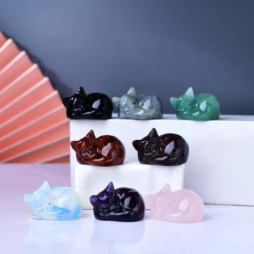 Vista 5 de Decoración de cristales de gato de granate natural, estatua de gato dormido, piedras preciosas pulidas de cristal curativo, piedras preciosas