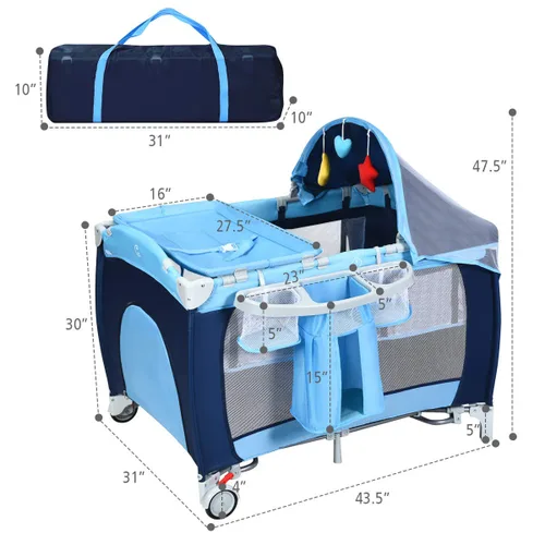 Vista 7 de HONEY JOY Empaca y juega con moisés, 4 en 1 portátil para bebé con cambiador, red y juguetes lindos, bolsa de almacenamiento de pañales, caja de Azul