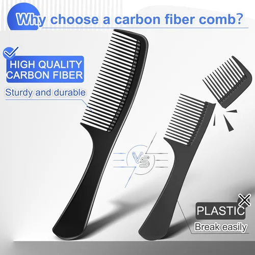 Vista 4 de Peine profesional de 3 piezas, juego de peine de fibra de carbono negro premium para cortar y peinar, peines de peluquería de dientes finos y anchos